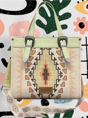 Wrangler | EUC Canvas Faux Leather Western Boho Print Large Crossbody Purse